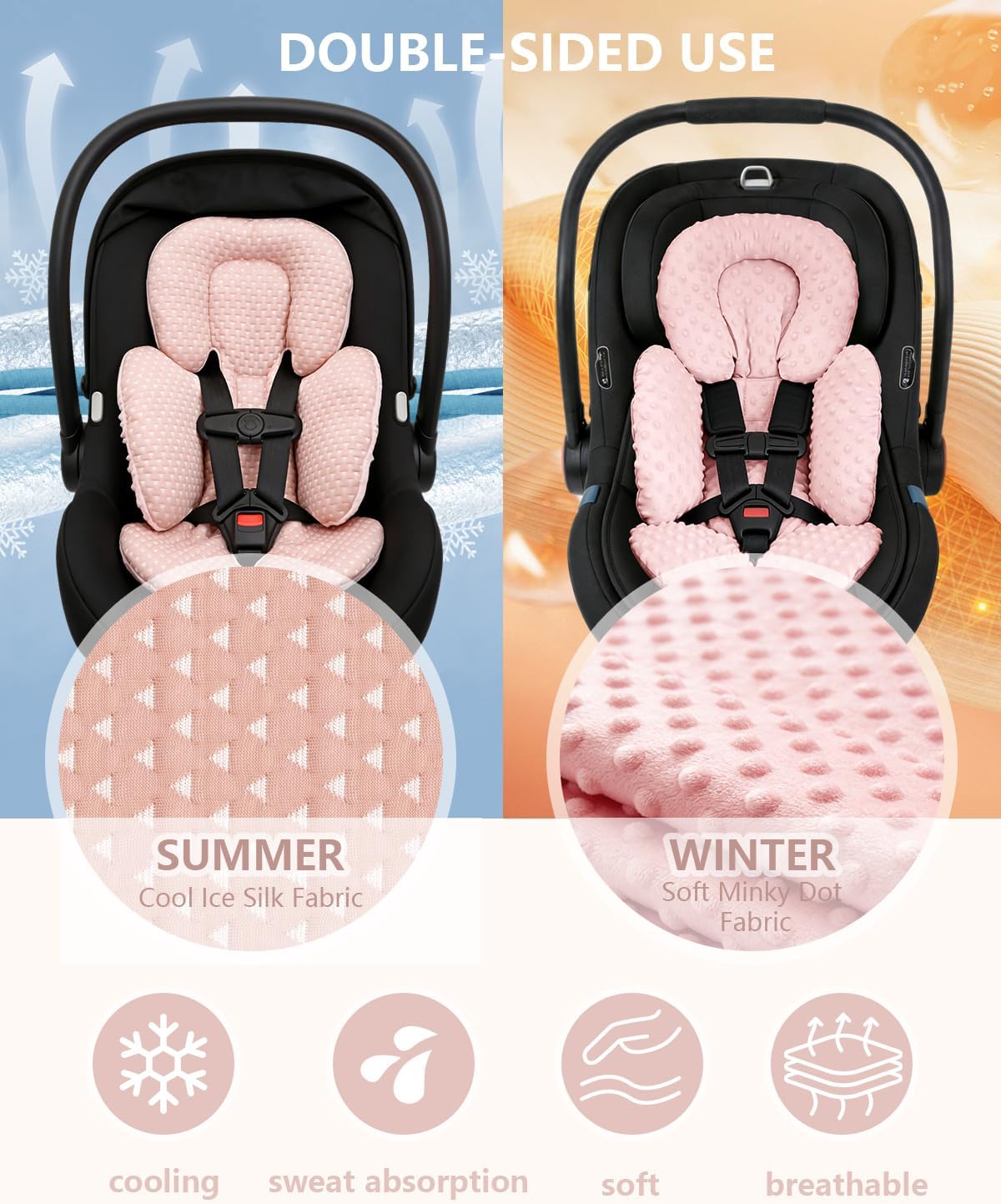 KAKIBLIN Infant Car Seat Insert for Baby, Car Seat Cooling Pad, Reversible Newborn Car Seat Insert Head Body Support for Summer, Fits for Stroller, Swing, Bouncer, Bassinet, Boys and Girls (Pink B)