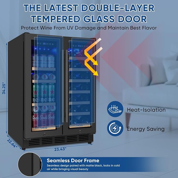 Wine and Beverage Refrigerator 24", Dual Zone Wine & Beverage Cooler with Glass Door and French Door, Built-In/Freestanding Wine and Beer Fridge Holds 21 Bottles & 88 Cans for Home/Bar - Black