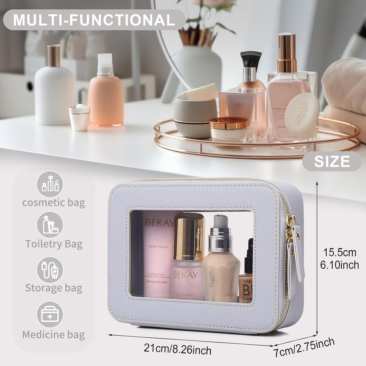 Pinkmik Clear Makeup Bag, (Gray, M)
