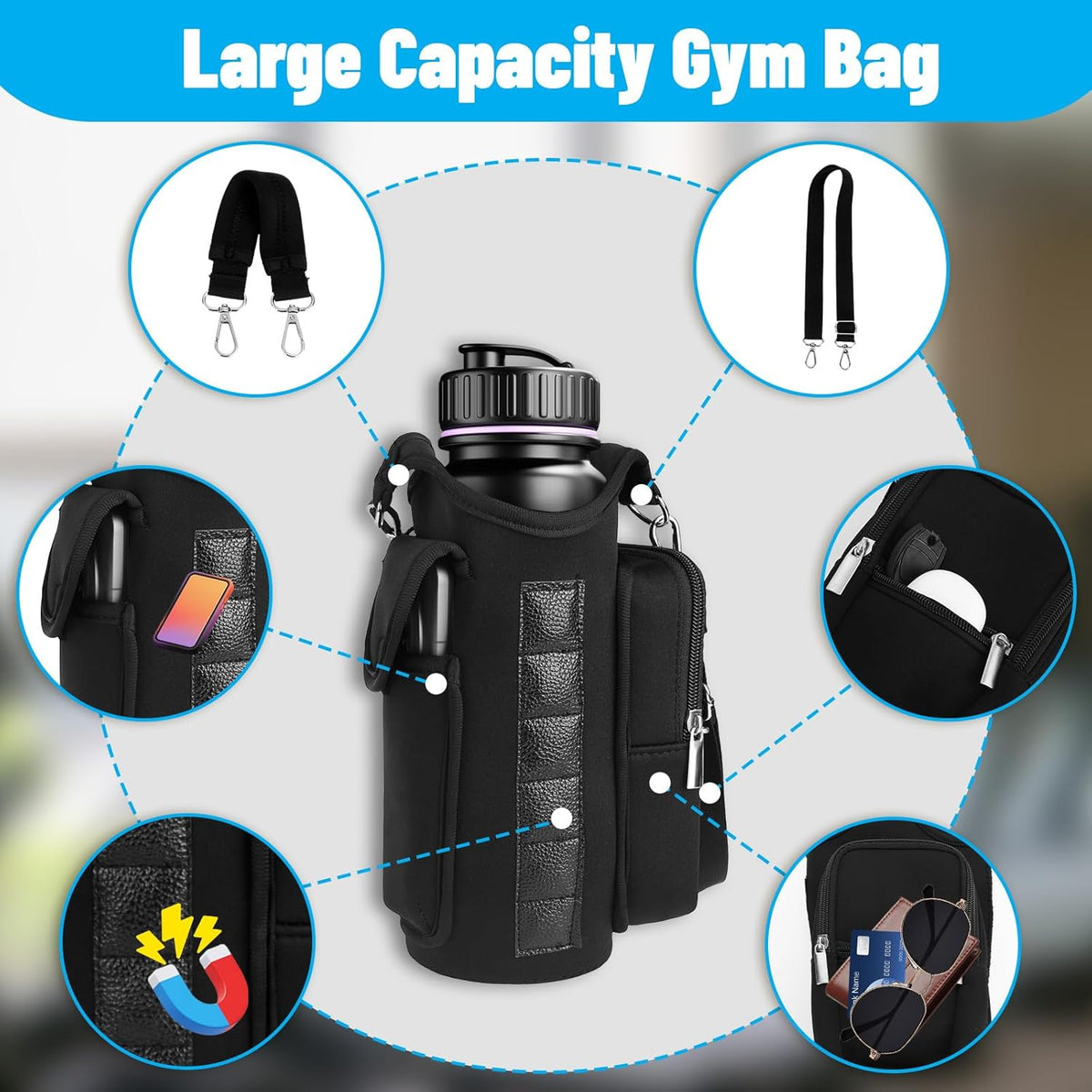 Skiennix Magnetic Gym Bag - Versatile Water Bottle Holder with Strap & Cleaning Brush | Ideal for Travel & Sports