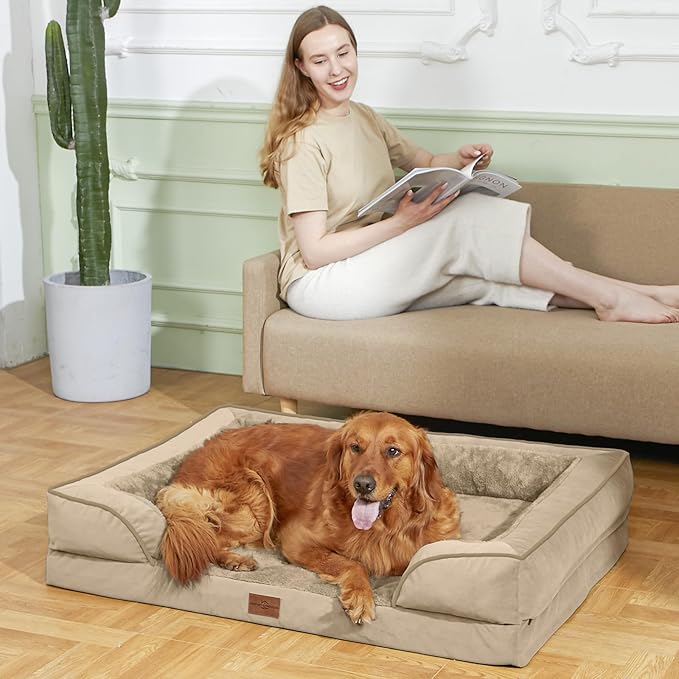 Comfort Expression Orthopedic Dog Bed for Large Dogs 38x25 Inch, Waterproof Egg Crate Foam Large Pet Bed with Removable Bolsters, Dog Couch with Washable Cover & Non-Slip Bottom, Light Brown