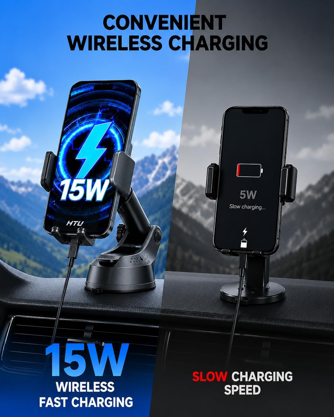 HTU Upgraded 15W Fast Charging Auto-Clamping Wireless Car Charger Mount