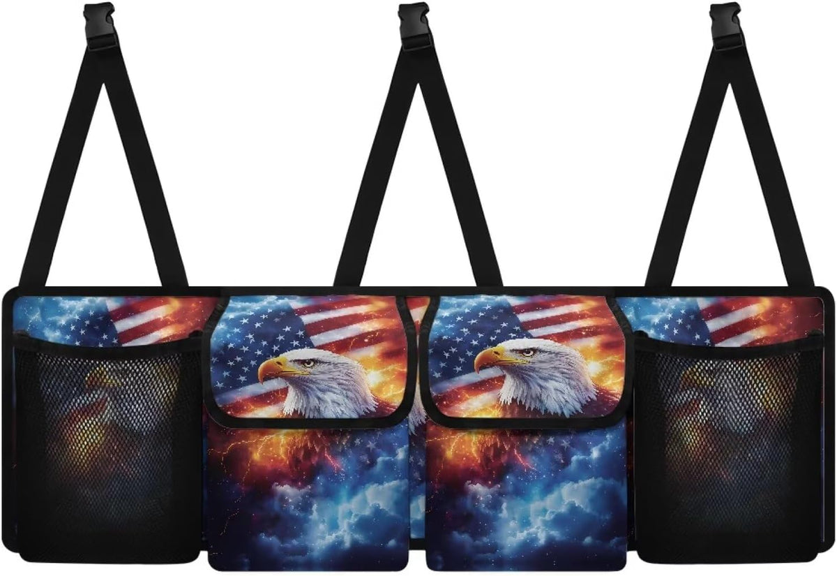 American Flag Car Trunk Organizer,Lightning Flame Eagle Collapsible Large Capacity Auto Backseat Hanging Storage Bag with Adjustable Strap & 4 Pockets Not Easy to Fade Machine Washable