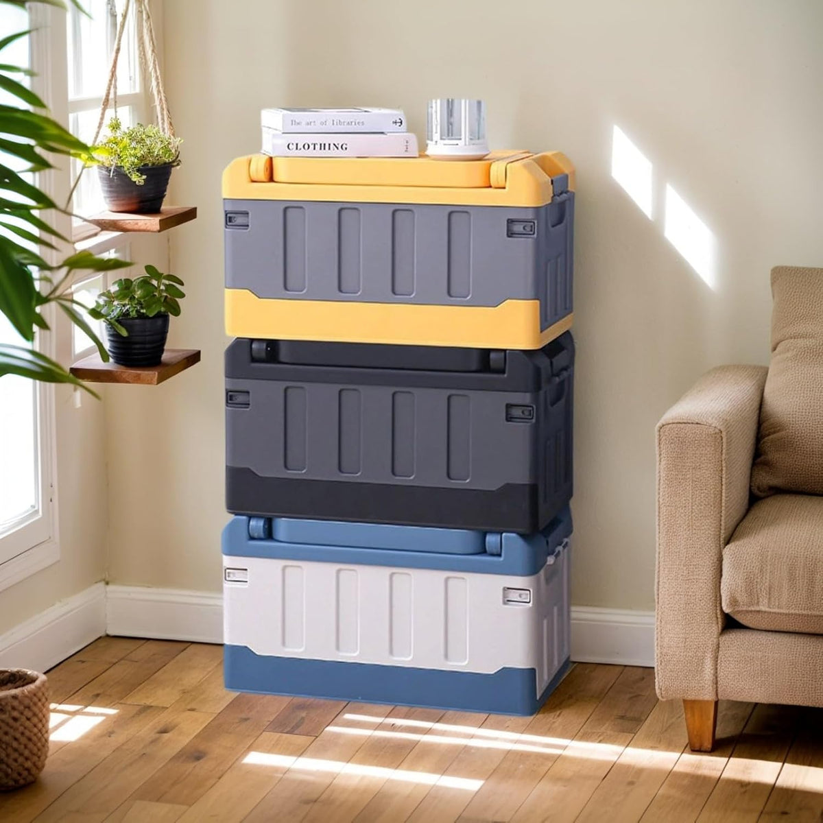 Versatile Foldable Seatable Car Organizer Box 60L Heavy Duty Storage Bins With Lids Trunk,Durable Plastic, Folding Camping Chairs (blue)