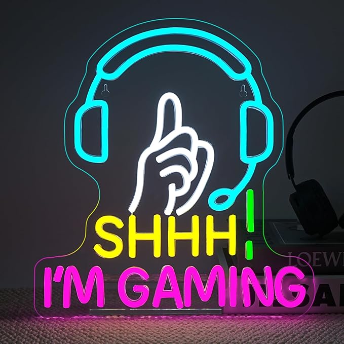 Game Neon Sign Shhh I'm Gaming Light Sign Blue Headset Hand Gesture Design Pink Neon Gaming LED Light USB Powered Dimmable Game Room Wall Decor for Bedroom Man Cave Teen Gamer Gifts