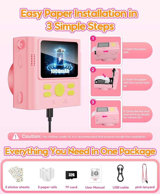 Kids Instant Print Camera Ages 3-12 1080P Selfie 2.4" Screen 32GB Gift Pink |