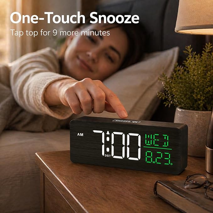 Peakeep Wooden Digital Alarm Clock Large Display, Textured Decoration