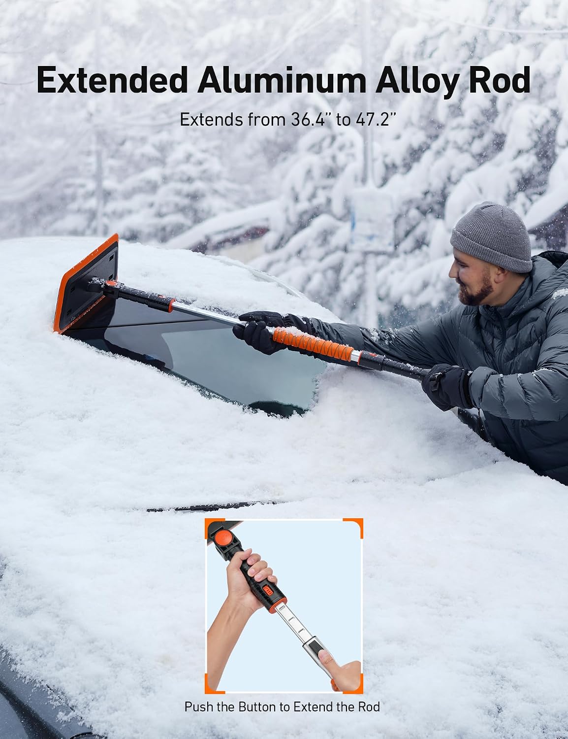 AstroAI 47.2 Inch 2-in-1 Snow Brush for Car Snow Broom and Detachable Ice Scraper with Non-Abrasive Silicone Head for Cars, Trucks, SUVs（Orange-Black）