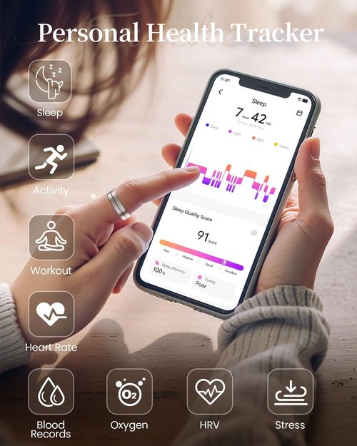 Fvtga Smart Health Ring - Fitness Tracker with Heart Rate & Sleep Monitoring | IP68 Waterproof, Silver, Size 8