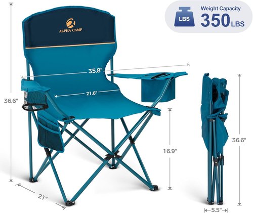 LET'S CAMP Folding Camping Chair Set - Portable 2 Pack with Cooler Bag & Cup Holder | Supports 350LBS, Blue