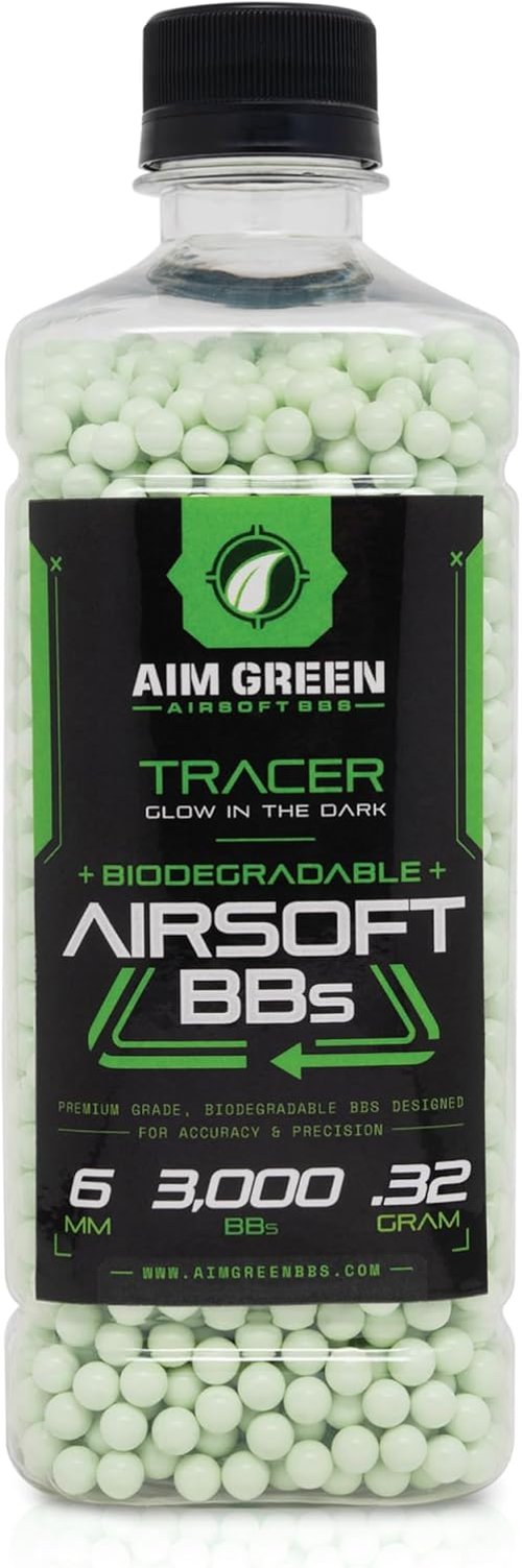 Aim Green Tracer Biodegradable Airsoft BBs - Glow-in-The-Dark | 3,000 Count | .20, .25, .32 Grams