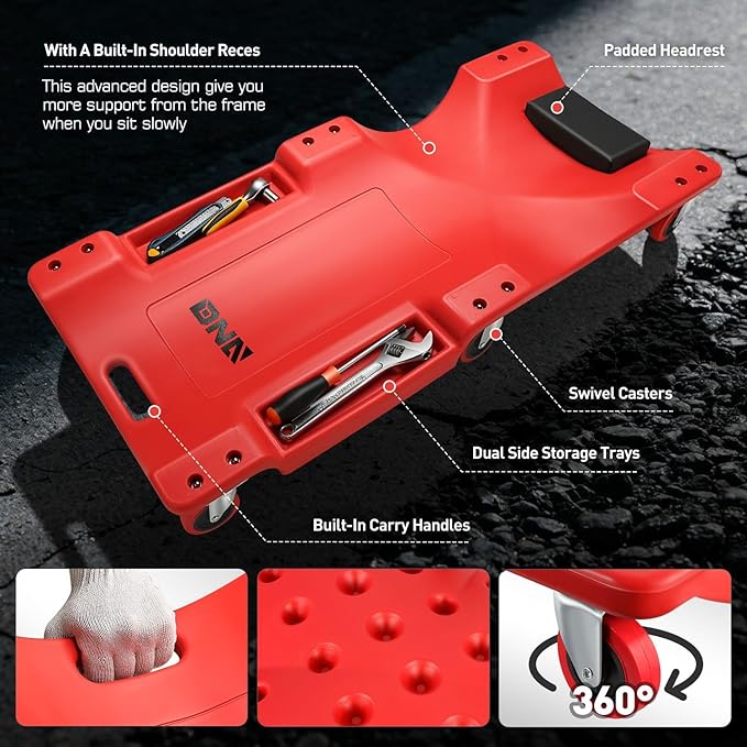 DNA MOTORING 36" L X 17" W x 4.25" H Vehicle Repair Low Profile Automotive Creeper w/Padded Headrest, Red, TOOLS-00201