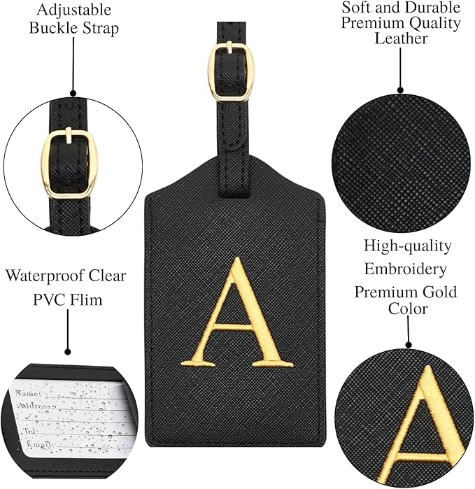 Luggage Tag PU Leather for Suitcase Baggage Handbag Travel Bag Label Suitcase Tag Label Tag w. Name Card & Privacy Cover (A)
