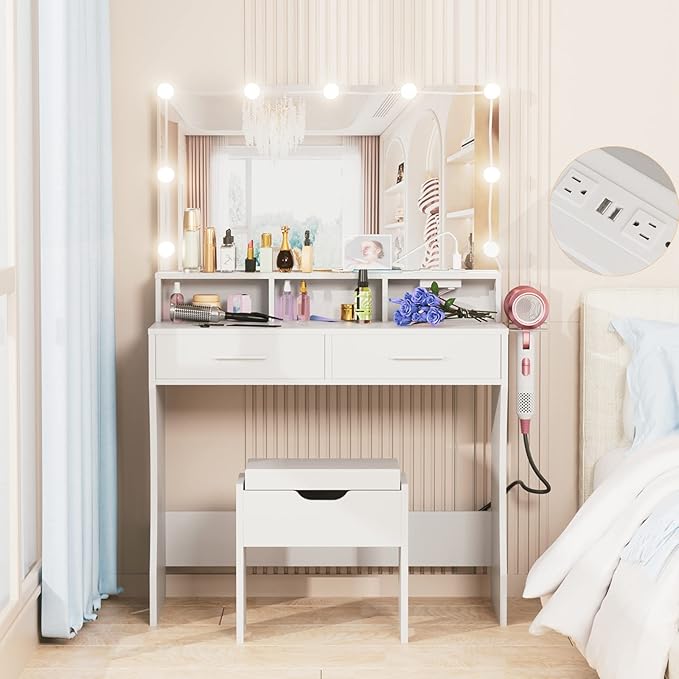 Makeup Vanity with Lighted Mirror & Power Outlet, Makeup Table Vanity Set with 3 Lighting Colors, Brightness Adjustable, White