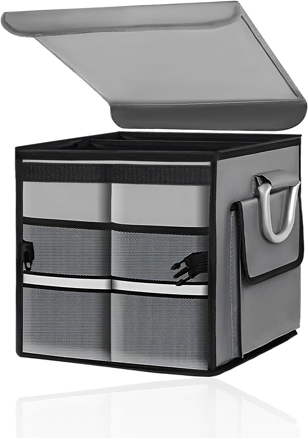 Car Trunk Organizer with Lid, 28L Collapsible Oxford Auto Storage Organizer with Reflective Strip & Handle, Multi-Purpose 2-Compartment Cargo Container for Cars SUVs Trucks (Black)