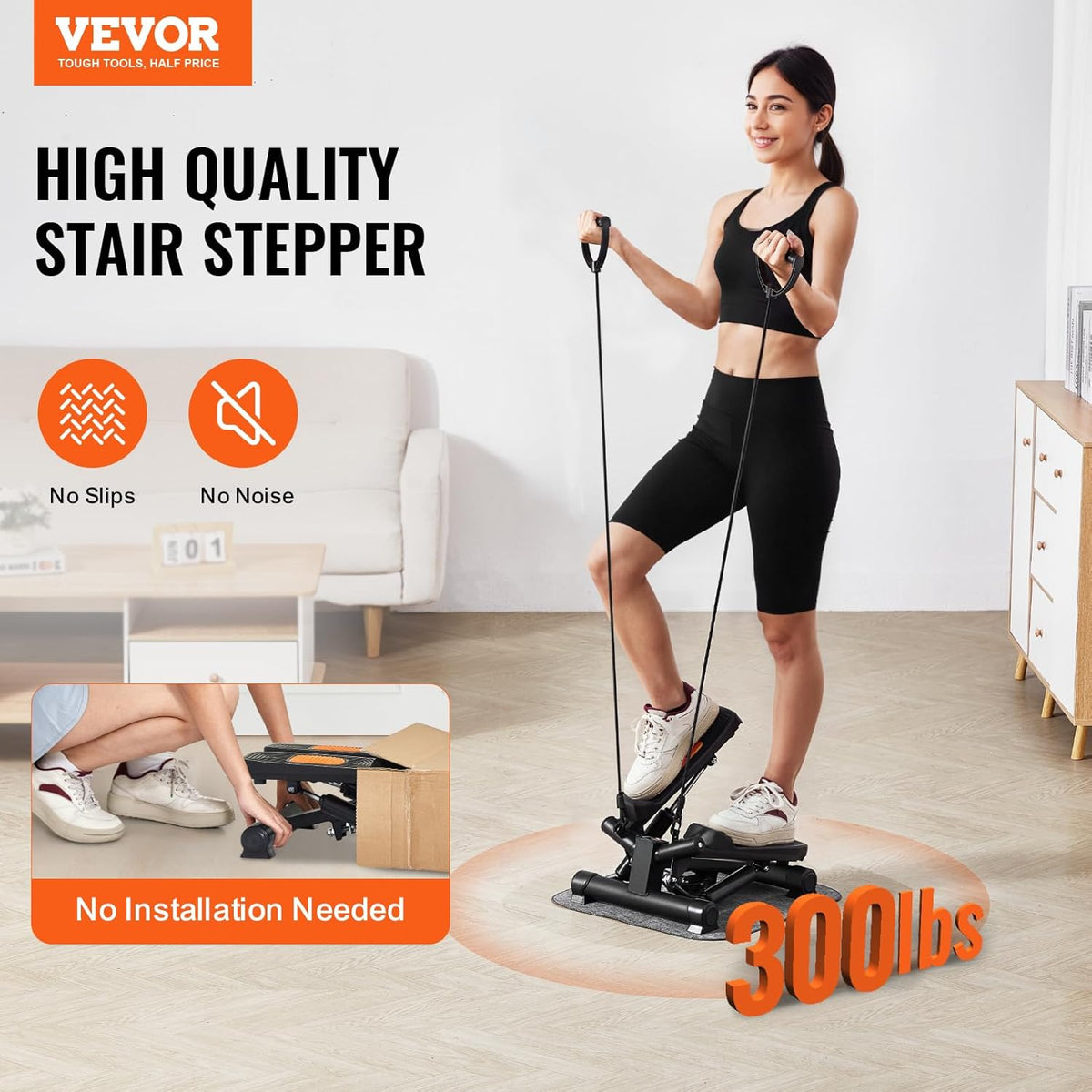 VEVOR Mini Stepper - Hydraulic Fitness Equipment with Resistance Bands for Full Body Cardio Workout