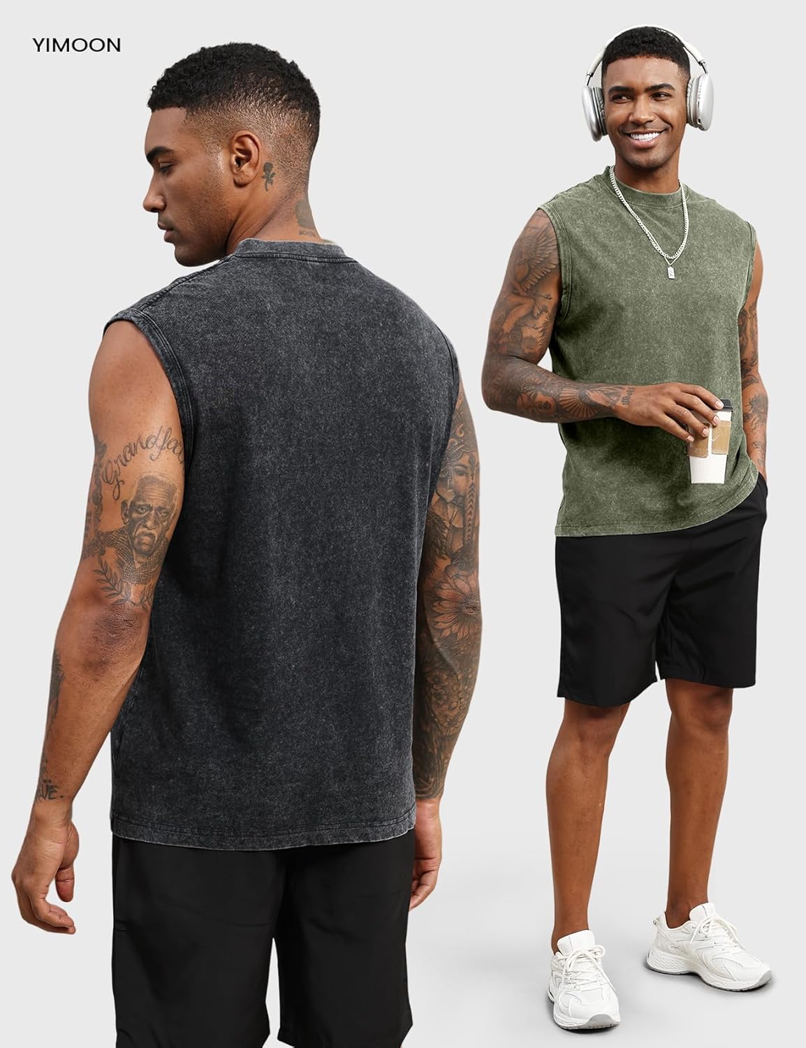 Yimoon Men's Workout Tank Tops - Sleeveless Cotton Acid Wash Gym Shirts | Loose Fit Muscle Tees