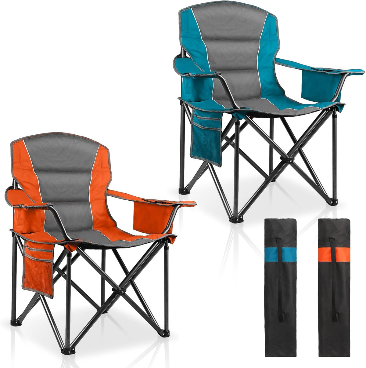 Skiennix Padded Oversized Camping Chairs - Heavy Duty 400 Lbs Support | Folding Portable with Cup Holder & Cooler Bag (Orange & Blue)
