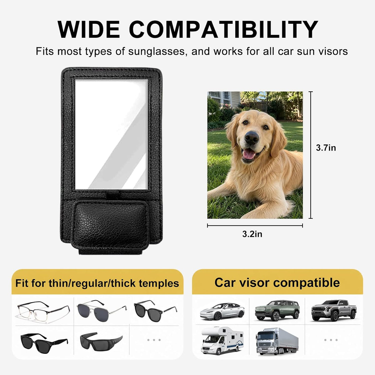 Sunglass Holder for Car Photo Holder 2 in 1 Leather Magnetic Sunglasses Holder for Tesla/Truck/Suv/RV/Car Visor Photo Holder & Sunglasses Clip Family Pet Photos 2026 Car Accessories Gift for Women Men