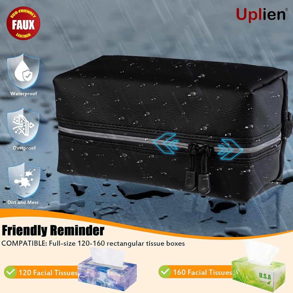 Car Tissue Holder for 120-160-230 Count Kleenex Facial Tissues Box - Waterproof Zipper Cover, Soft Black Leather with Adjustable Strap, Ideal for Car Seat Headrest, Console, Boat, Home (Uplien)