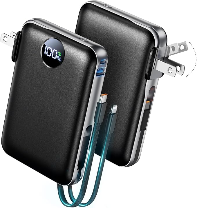 Portable Charger with Built-in Cables & Wall Plug, 10000mAh Power Bank, 4 Outputs 22.5W USB C Fast Charging, Slim Travel Battery Pack with LED Display for iPhone 17/16/15/14, Black