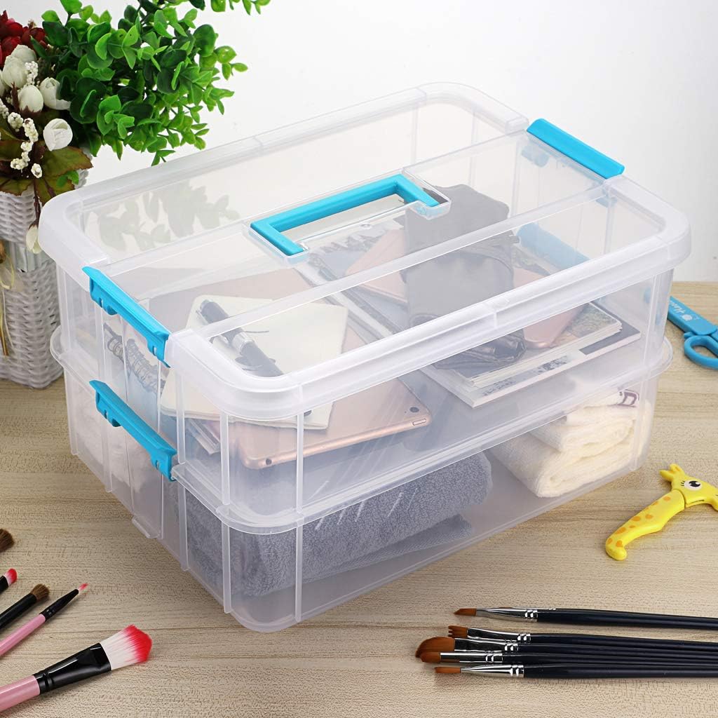 BTSKY 2 Layer Stack & Carry Box, Plastic Multipurpose Portable Storage Container Box Handled Organizer Storage Box for Organizing Stationery, Sewing, Art Craft, Jewelry and Beauty Supplies Blue