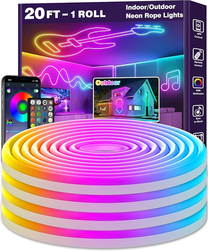 LETIANPAI 20Ft Neon Rope Lights,Flexible Led Rope Lights Control with App/Remote,Multiple Modes Music Sync Gaming RGB Led Neon Lights for Bedroom Outdoor