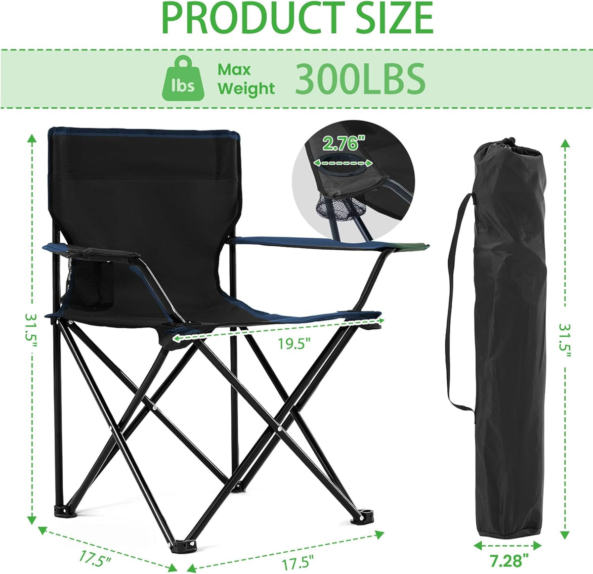 Skiennix Lightweight Folding Camping Chairs - 2 Pack with Cup Holder & Carry Bag for Outdoor Activities | Black, Medium