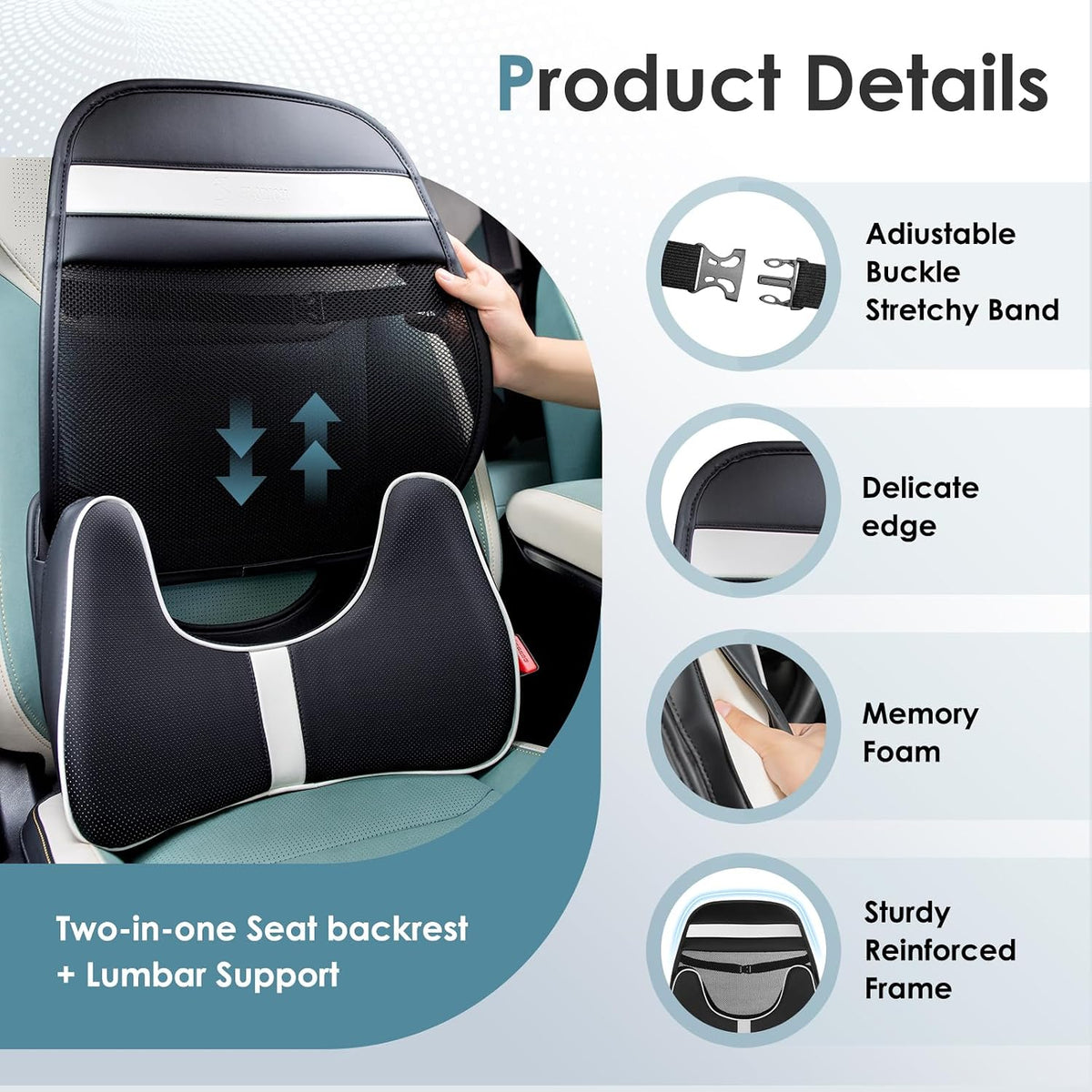 FLORICH Memory Foam Double Layer Breathable Mesh Lumbar Support Ergonomic Leather Lumbar Support Pillow with 3D Mesh Back Support and Adjustable Strap for CarSeat & Office Chair(Black)