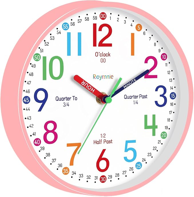 Roymnie Wall Clock 8 Inch for Kids Learning to Tell Time Easily Non Ticking