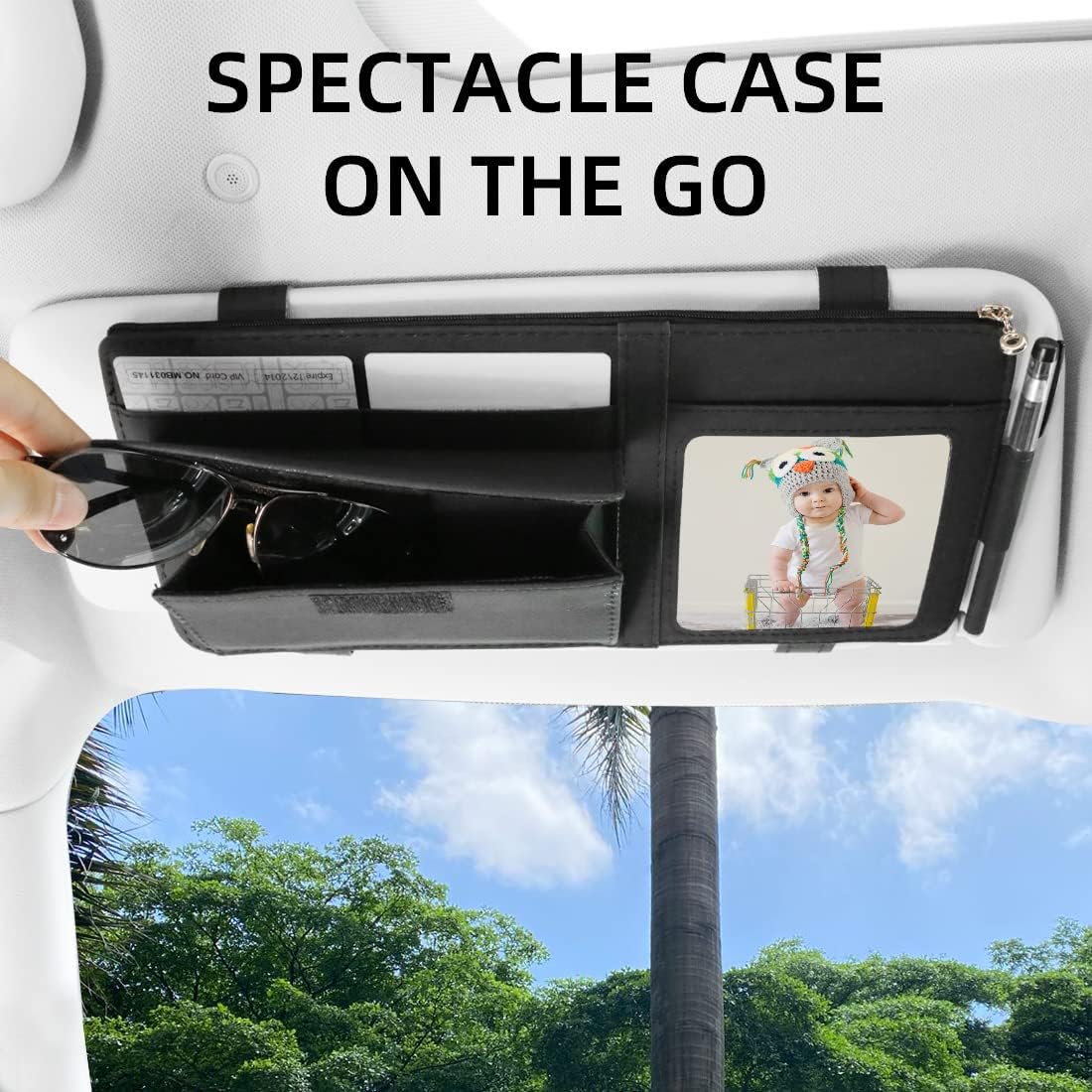 Black Car Sun Visor Organizer, Leather Visor Holder with Photo Frame