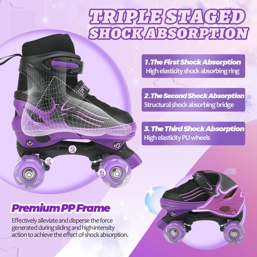 HXWY Kids Roller Skates for Boys Girls Child, Adjustable 4 Sizes Roller Skates for Adult and Youth with Light Up Wheels, Black Purple Patines para niñas for Outdoor Indoor Sports (Medium-Big Kid (1-4)