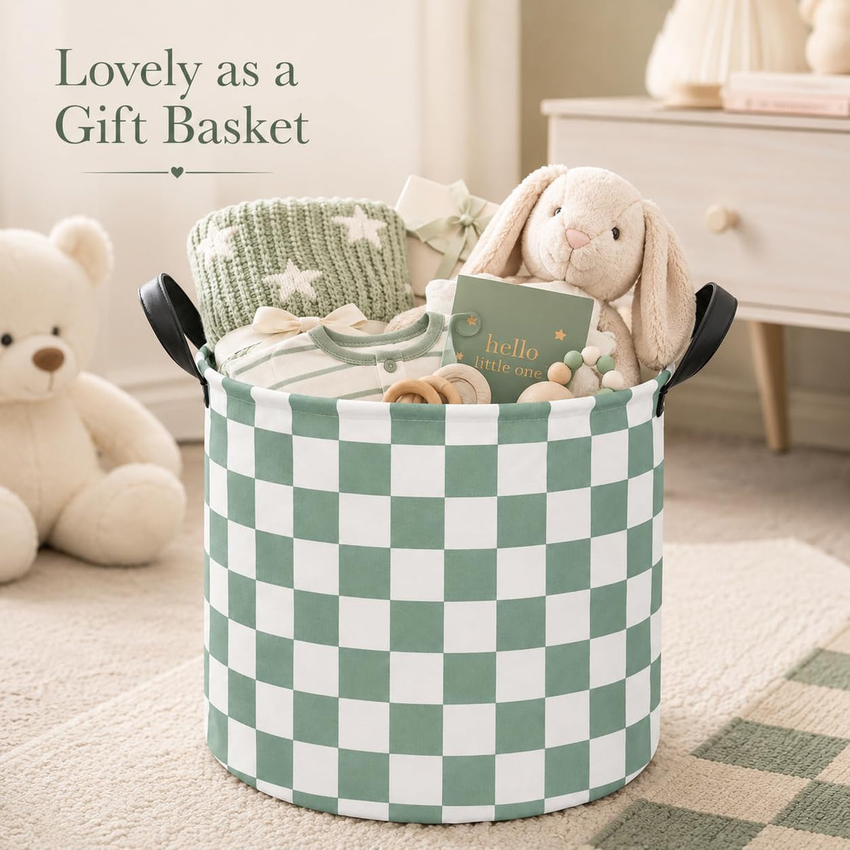MAIZMZ 3 Pack Sage Checkered Storage Baskets Kids Hamper, 15.7"D x13.3"H, Waterproof Lining, Leather Handles, Collapsible for Laundry, Toys, Clothes, Gift Set