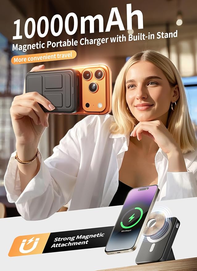 Magnetic Portable Charger, 10000mAh Power Bank Compatible with MagSafe, 20W Fast Charging, Foldable Wireless Battery Pack for iPhone 17/16/15/14 All Series, Travel Essentials
