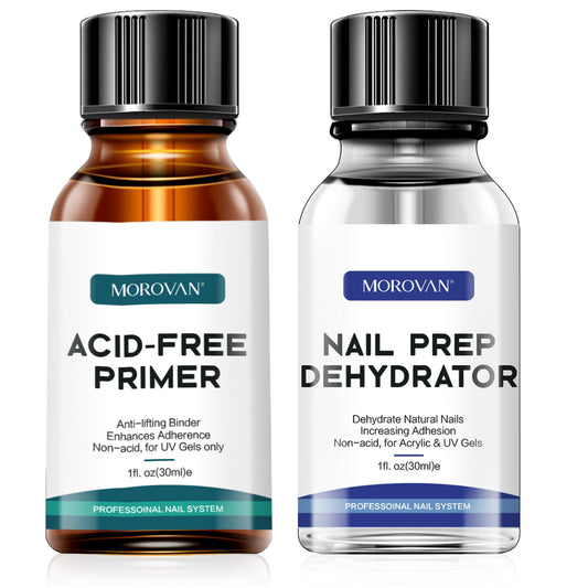 Morovan Nail Primer And Natural Nail Prep Dehydrate Set, Nail Dehydrator And Primer, Fast Air Dry For Gel Polish & Acrylic Powde