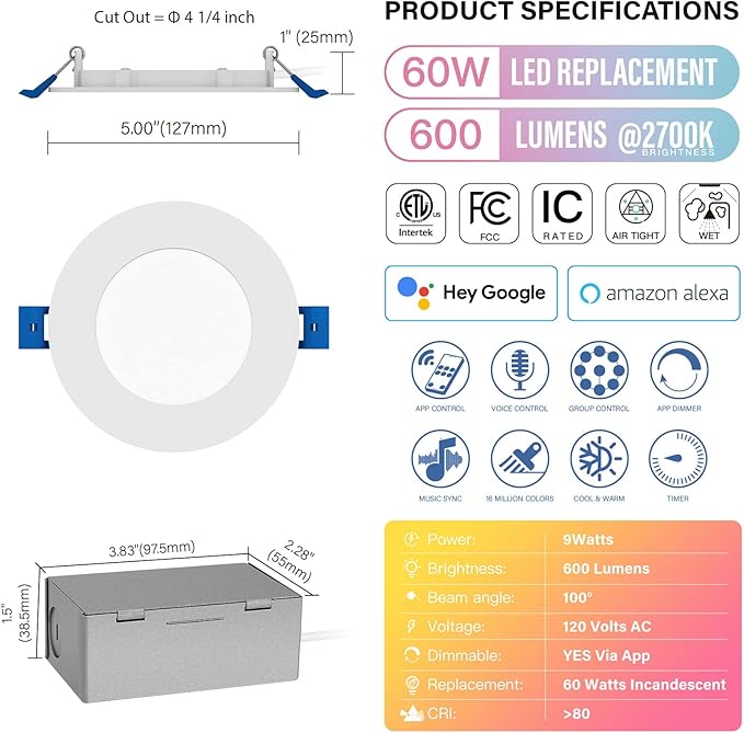 4" LED Smart Slim Recessed Pot Light, WiFi APP & Voice Control, 120VAC, 9W, 600LM, RGB + 2700K-6000K, ETL & FCC & IC Rated, Wet Location, Compatible with Alexa/Google Home, White - 4 Packs