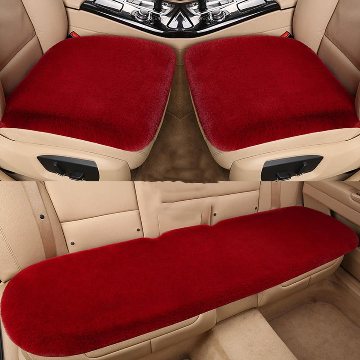 1 Set 3 pcs Soft Fluffy Auto Seat Cover Faux Wool Auto Front & Back Seat Pad Car Seat Cover Protector Cushion Soft Warm for Winter Mat Universal Fit (Wine red)