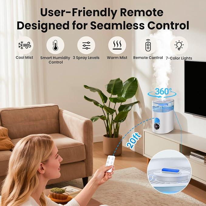 Humidifiers for Bedroom Large Room Home - GloryAir 6L Quiet Top Fill Cool & Warm Mist Humidifier with Smart Humidity Control, Remote Control, 7-Color Light, Humidistat, Oil Diffuser