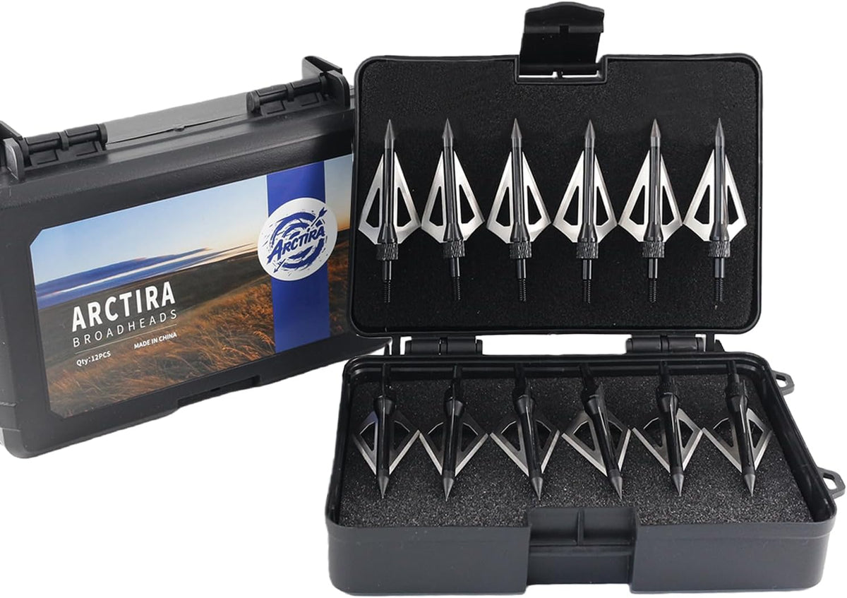 Skiennix 12Pcs Hunting Broadheads - Durable 3 Fixed Blades with Portable Case for Crossbow & Compound Bow