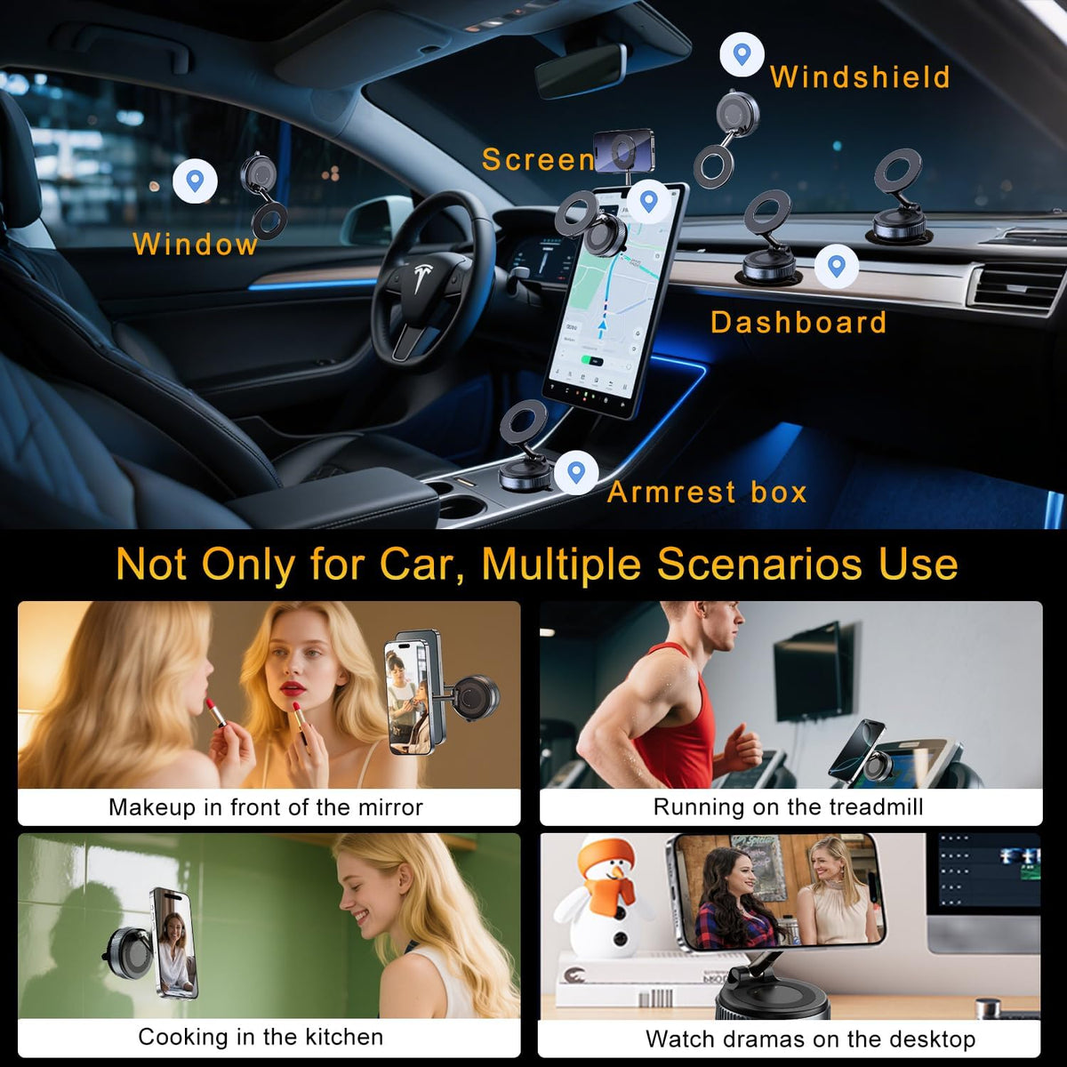 Vacuum Magnetic Phone Holder for Car, Dual-Axis & 360 Adjustable