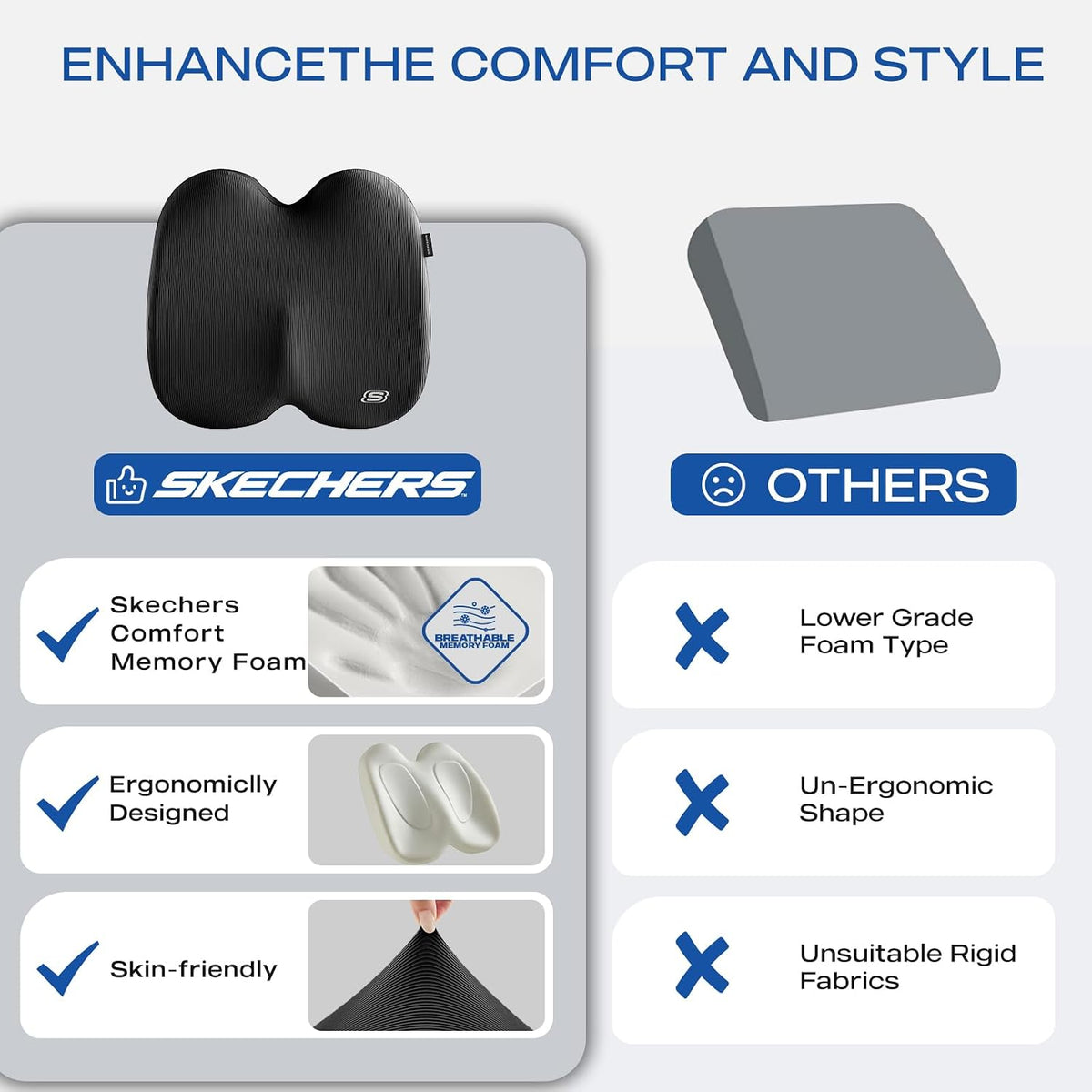 Skechers Seat Cushion, Ergonomic Memory Foam Cushion for Long Sitting Hours on Office & Home Chair, Car Seat Cushion for Sciatica, Coccyx Cushion,Black