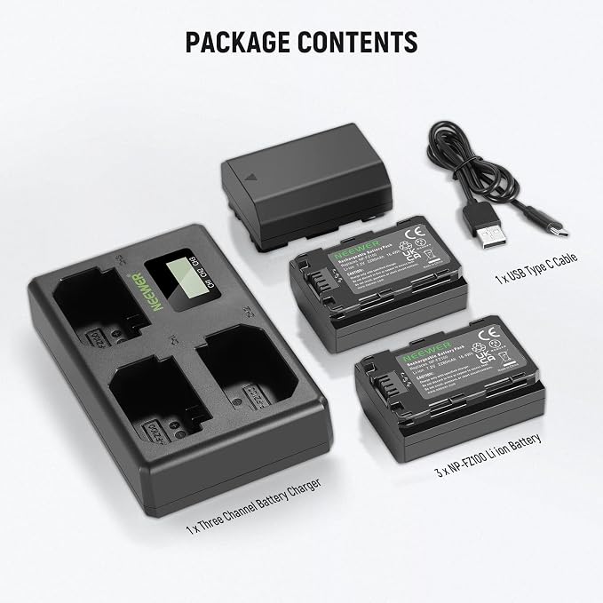 NEEWER NP-FZ100 Replacement Battery and Charger Set, 3 Pack 2280mAh NP-FZ100