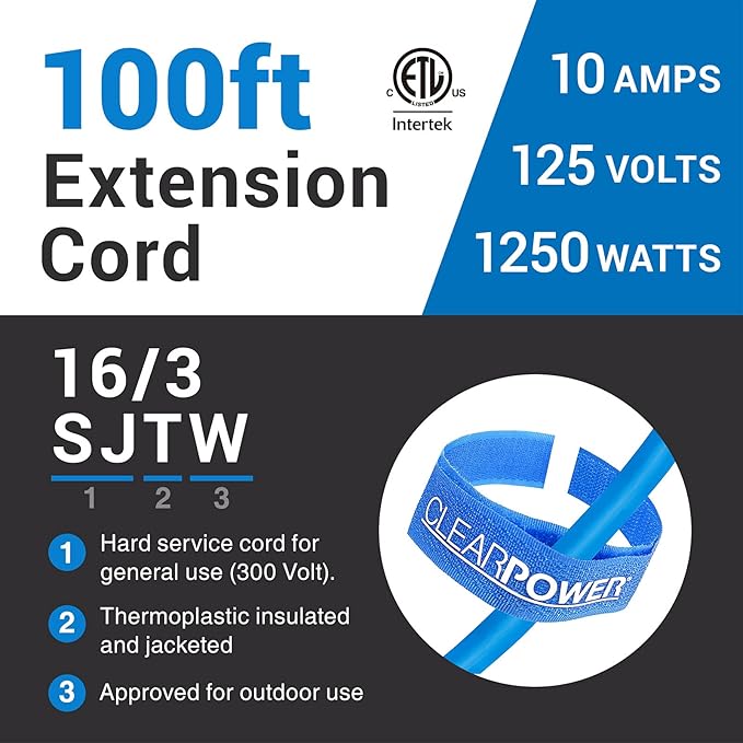 Clear Power 16 Gauge 3Prong Cords (16/3-3 Prong Grounded Plug, Blue, 100 ft)
