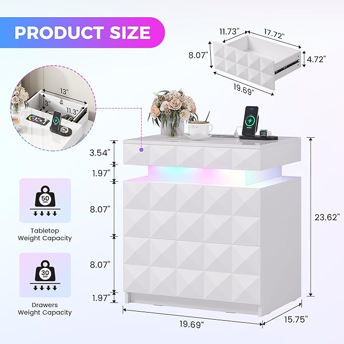 LED Nightstand with Charging Station,3 Drawers Night Stand with Lockable Hidden Storage,Smart Bedside Table with Human Sensor RGB Lights for Bedroom,White