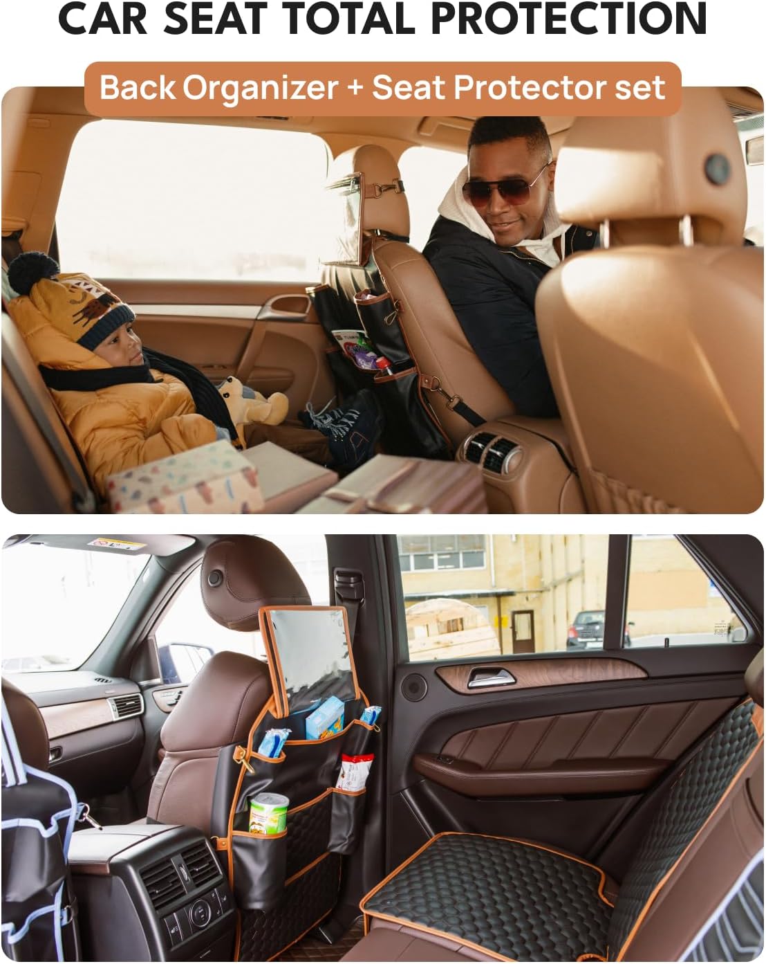 Owleys Over the Car Seat Organizer and Kick Mat Set, 2 Pc, Black/Tan