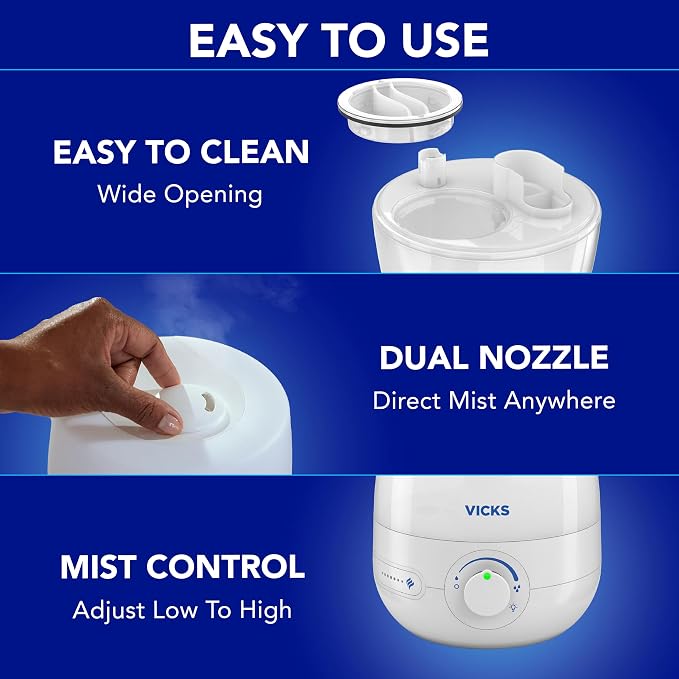 Vicks NaturalCare Cool Mist Ultrasonic Humidifier, Small Room Humidifier for Bedroom, Diffuser with Nighttime Light, Works with Vicks VapoPads, White