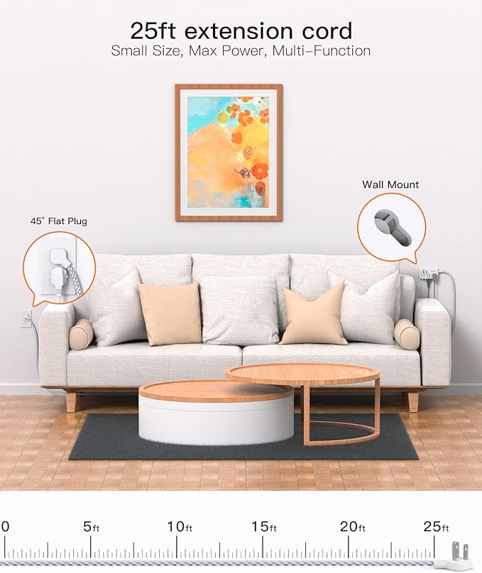 Extension Cord 25 Ft, Flat Plug Power Strip with 6 Outlets with 4 USB Ports(2 USB C), Wall Mount Charging Station, No Surge Protector for Home Office College Dorm Room Travel Essentials