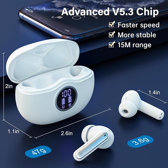 Wireless Earbuds, Bluetooth 5.3 Headphones HiFi Stereo 50H Playback LED Digital Display Ear Buds with ENC Noise Canceling Headset, IPX7 Waterproof Earphones for Gym/Running/Work（White）