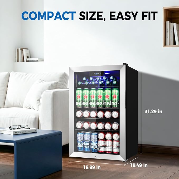 20 Inch Beverage Refrigerator Cooler, 145 Cans Mini Fridge with Glass Door&Lock, Small Drink Cooler Freestanding/Counter-Top for Soda, Beer with LED Light for Home Bar Office - 3.4 Cu.Ft, Silver