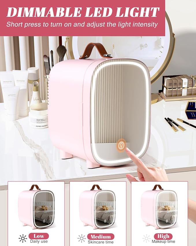 Mini Fridge for Bedroom, 4 Liter/6 Can Skincare Fridge With LED Mirror & Leather Carrying Handle,12v AC/DC Cooler & Warmer Portable Small Refrigerator for Drinks, Makeup, Dorm, Office and Car(Pink)